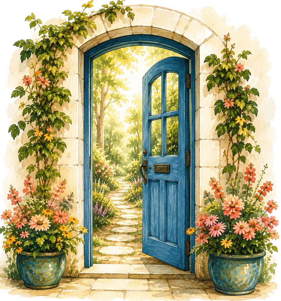 A blue door surrounded by flowers, standing slightly open